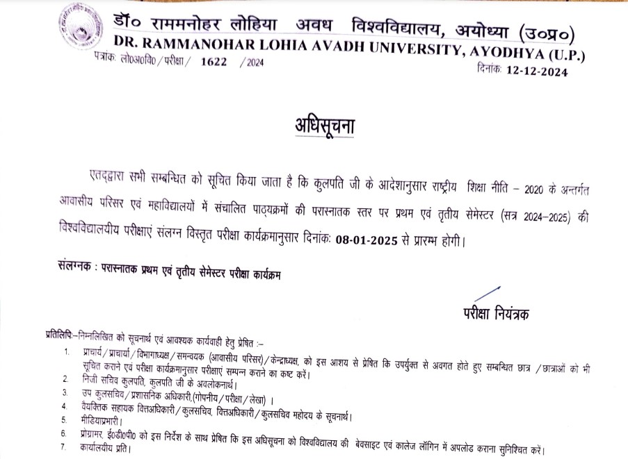 Avadh University MA, MSc, MCom First and Third Semester Exam Time Table 2025